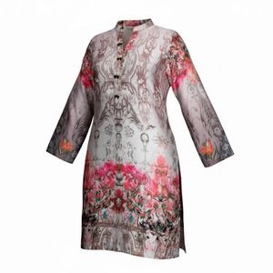 Handmade Floral Baroque Print Tunic Top Pink Grey Butterfly Buttons Bohemian L